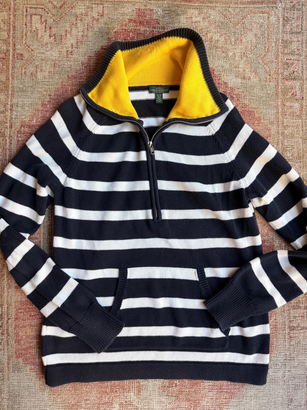 Ralph Lauren Navy & White Striped Half-Zip Sweater with Yellow Contrast Collar